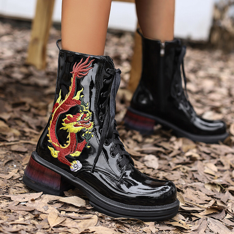 Ethnic Style PU Mid-Calf Boots with Cross Lace-Up and Sequins