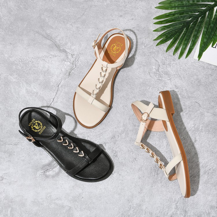 Minimalist Leather Flat Sandals with Metal Decoration