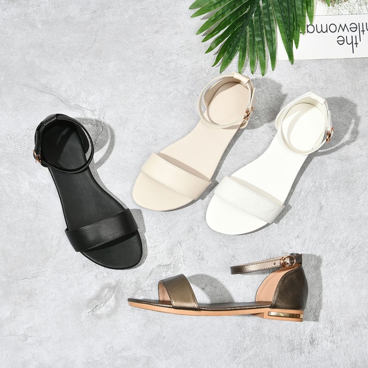 Sweet Low-Top Leather Sandals with Buckle Strap - Women's Flat Open-Toe Daily Sandals