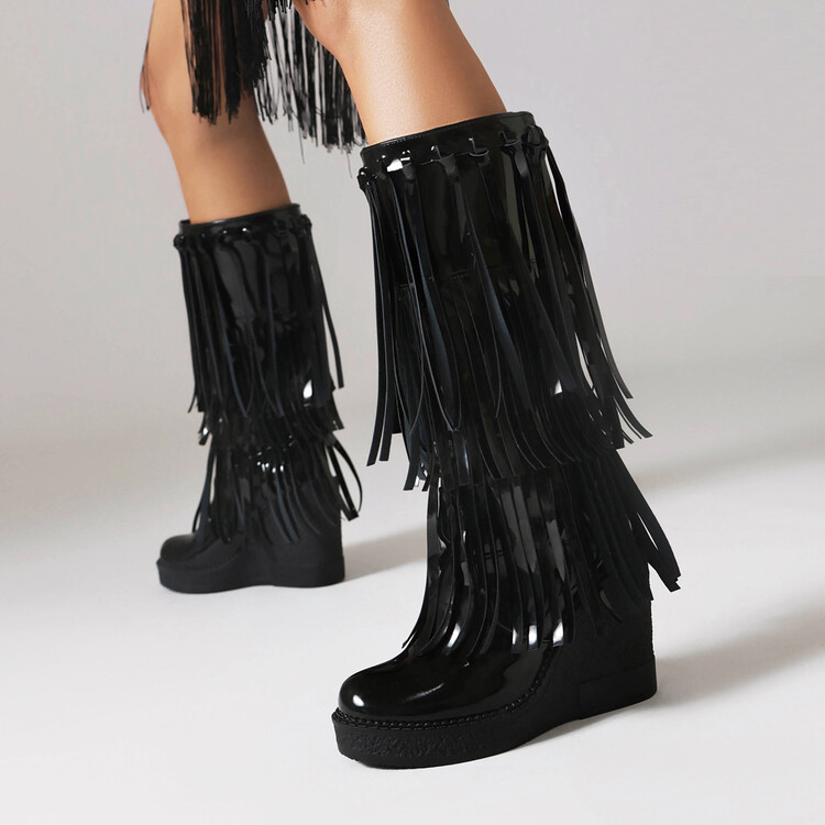 Women's British Style Tassel Platform Mid-Calf Boots with Side Zipper