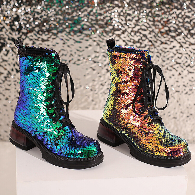 Women's High Heel Square Toe Lace-Up High Boots with Sequins