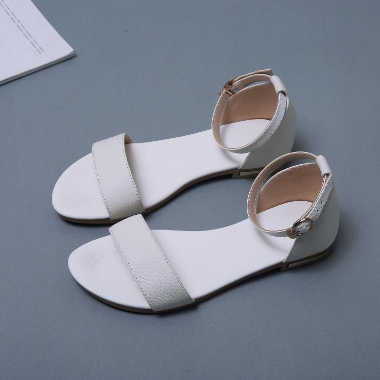 Women's Leather Flat Sandals with Buckle Strap and Toe Loop