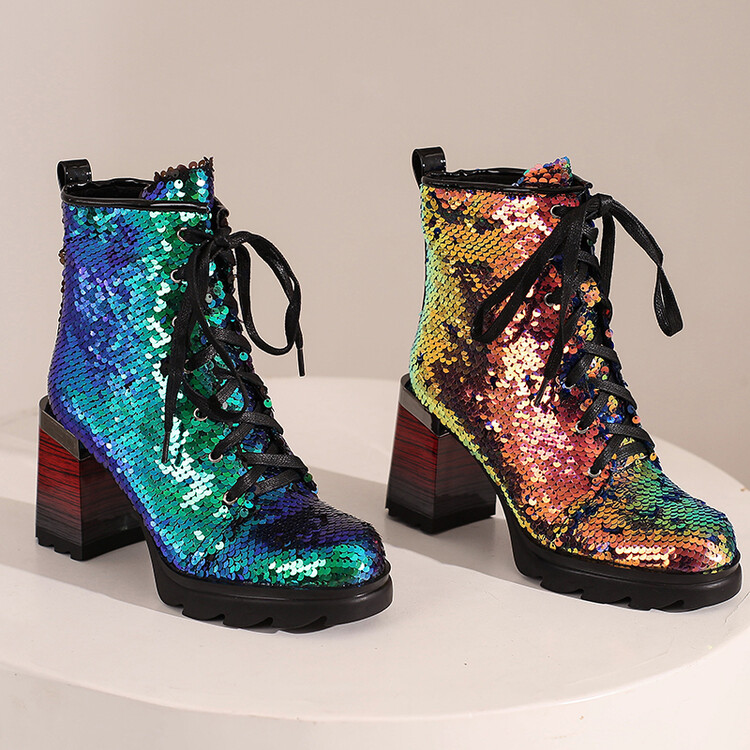 Women's Mid-Calf Sequin Fashion Boots with Chunky High Heel
