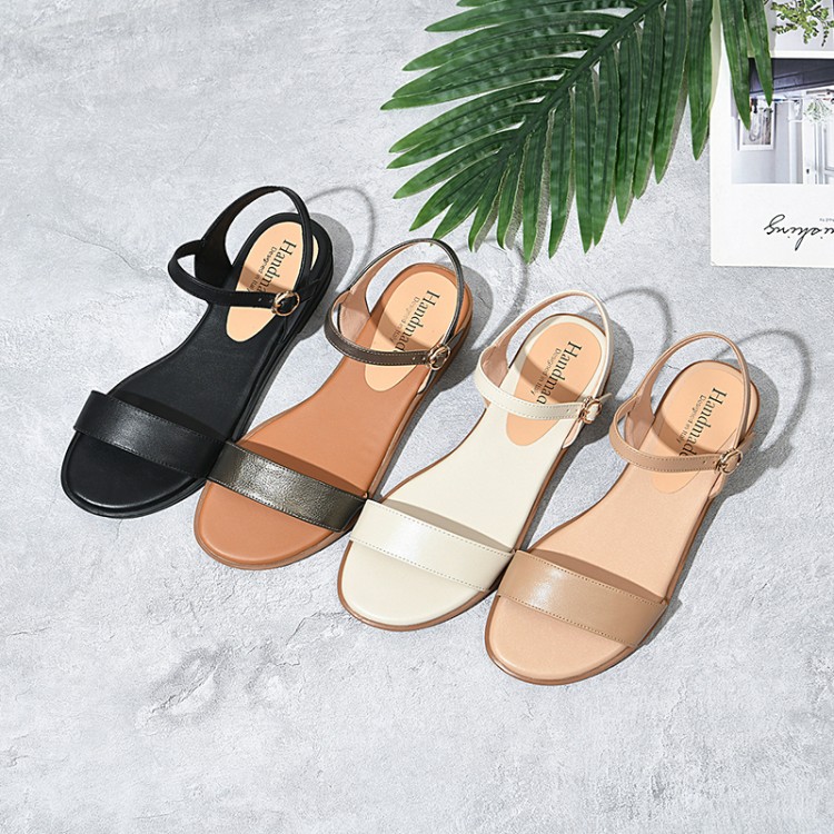 Women's Roman Flat Sandals Low Top Open Toe Ankle Strap Solid Color