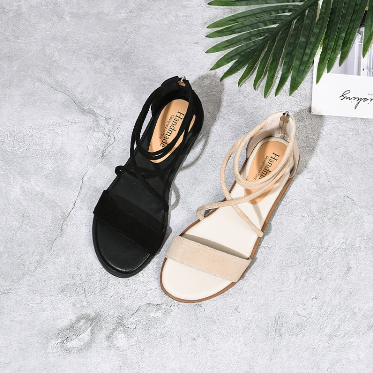 Women's Roman Sandals Low-Top Flat Open-Toe Ankle Strap Beige Black
