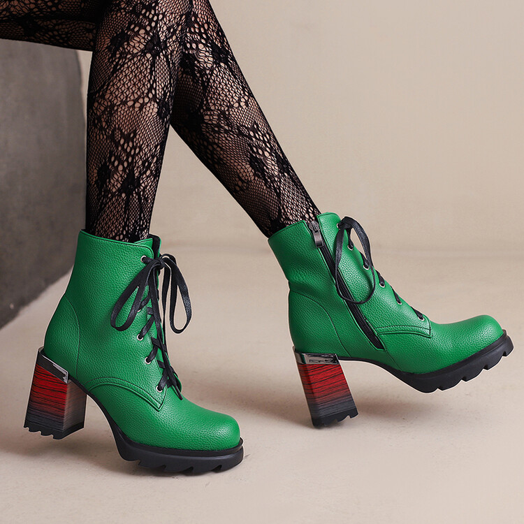 Women's Square Toe Chunky Heel Mid Calf Boots with Cross Strap Plaid Platform