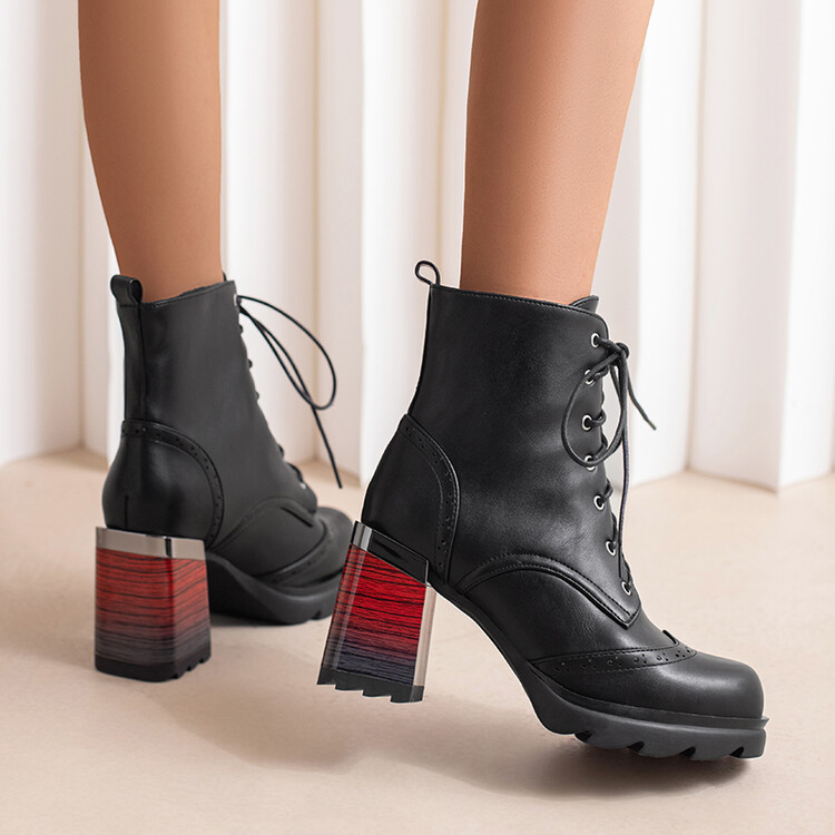 Women's Square Toe Chunky Heel Mid Calf Boots with Lace-Up and Rhinestone Details