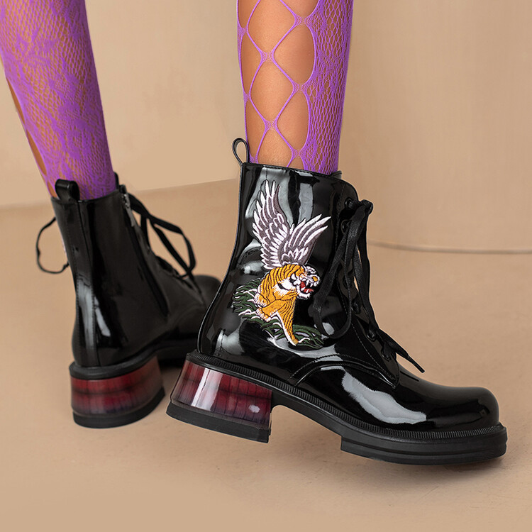 Women's Square Toe Lace-Up High Heel Mid-Calf Boots